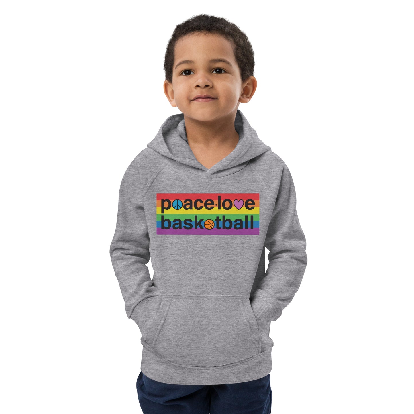 PeaceLoveBasketball Pride Grey Kids Eco Hoodie