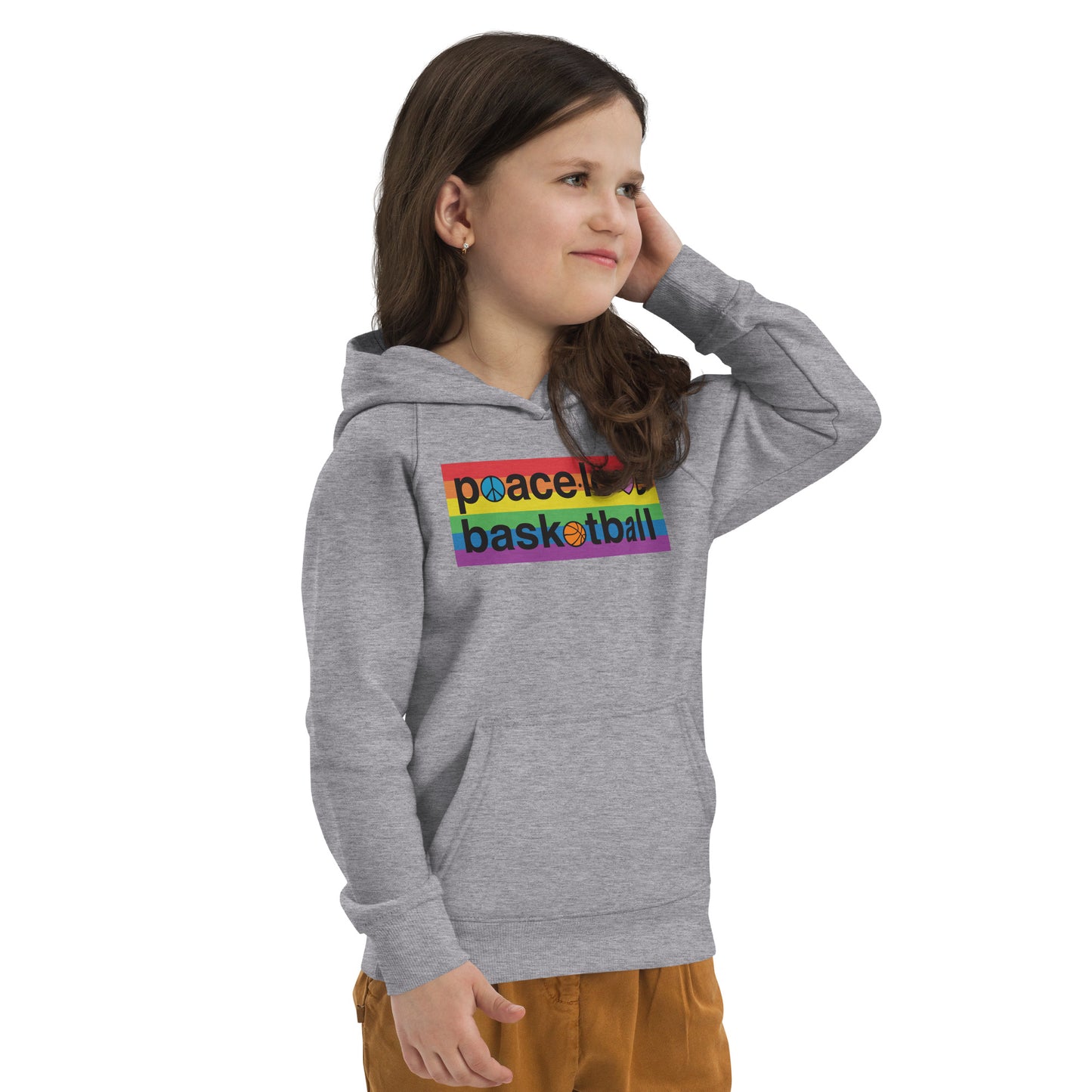 PeaceLoveBasketball Pride Grey Kids Eco Hoodie