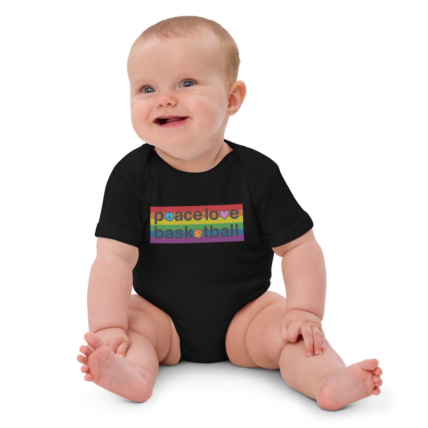 PeaceLoveBasketball Pride Black Organic Cotton Baby Bodysuit