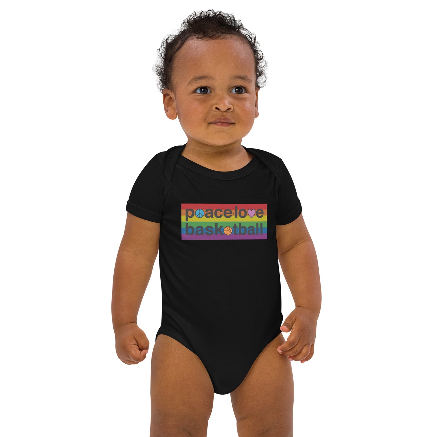 PeaceLoveBasketball Pride Black Organic Cotton Baby Bodysuit