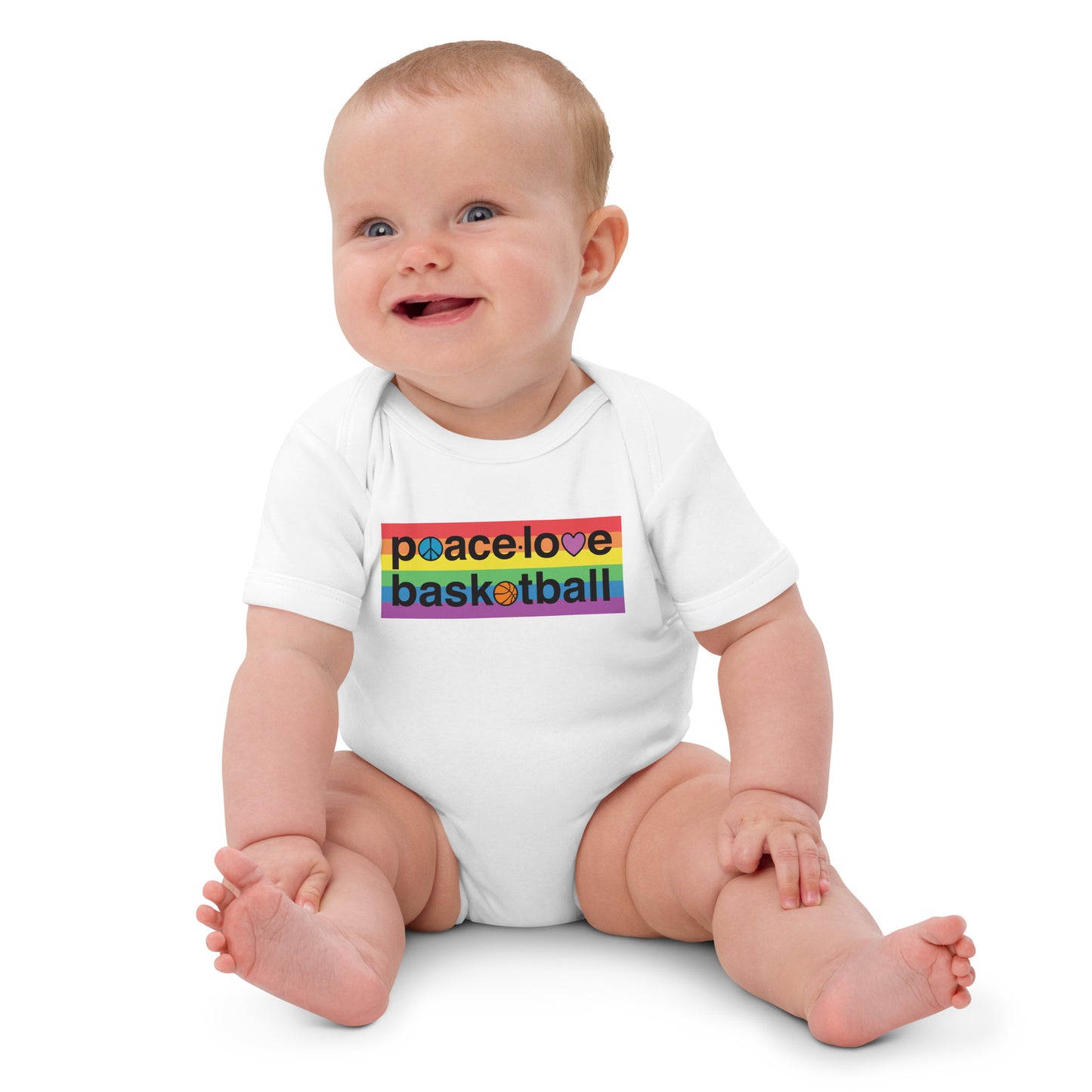 PeaceLoveBasketball Pride White Organic Cotton Baby Bodysuit