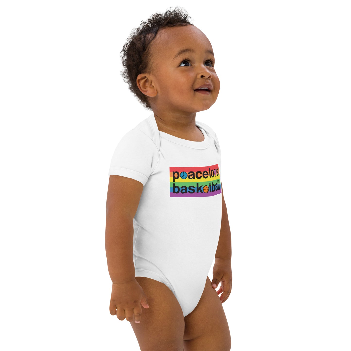 PeaceLoveBasketball Pride White Organic Cotton Baby Bodysuit
