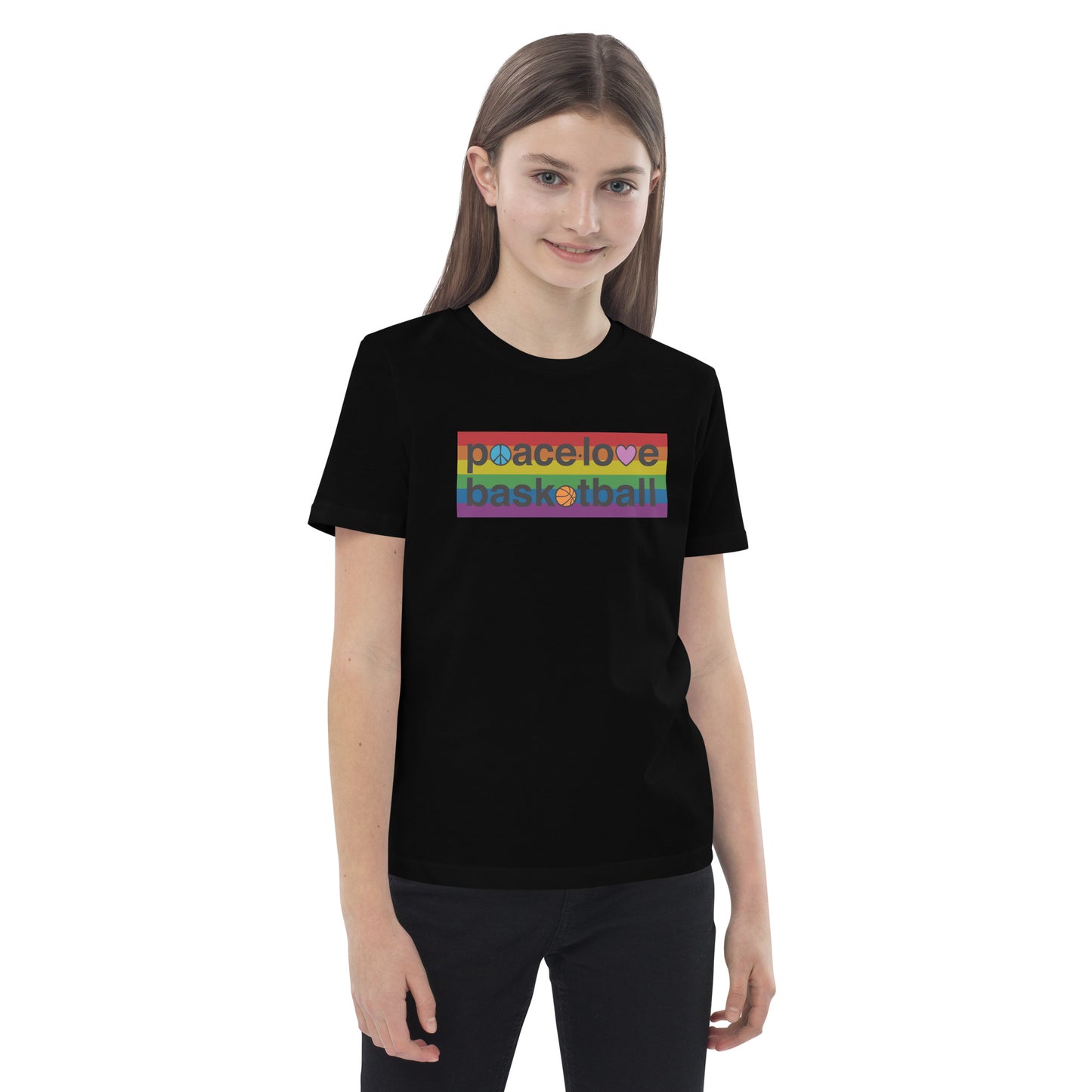 PeaceLoveBasketball Pride Black Organic Cotton Kids T-shirt