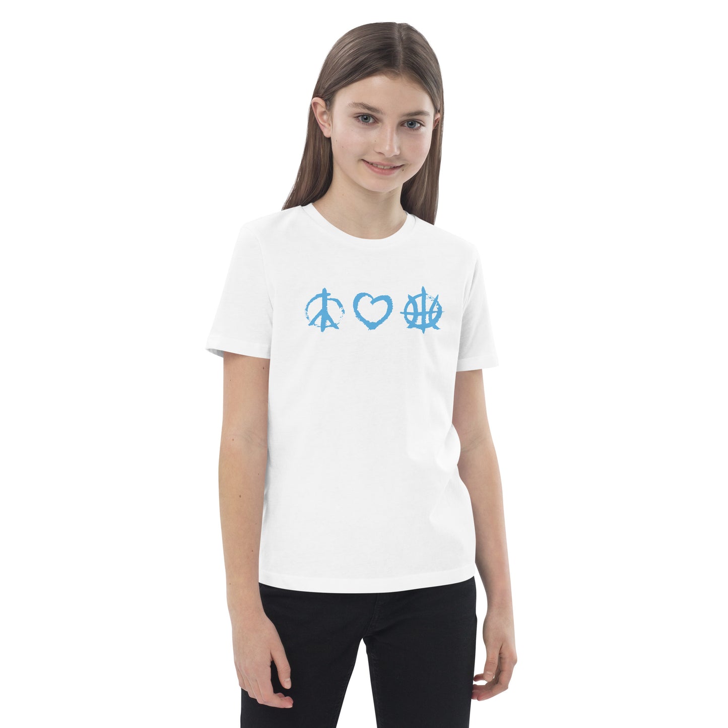 PeaceLoveBasketball Essential White/Blue Organic Cotton Kids T-shirt