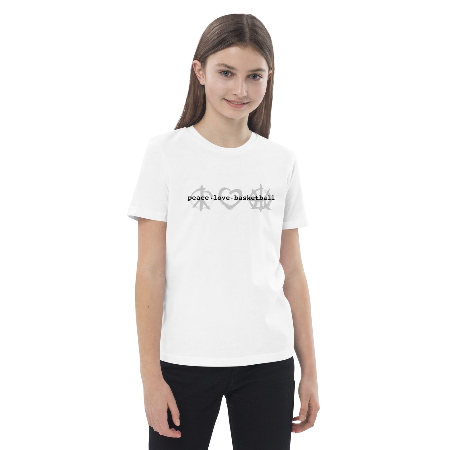 PeaceLoveBasketball Classic White Organic Cotton Kids T-shirt