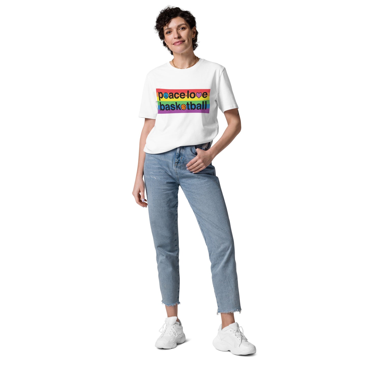 PeaceLoveBasketball Pride White Unisex Organic Cotton T-shirt