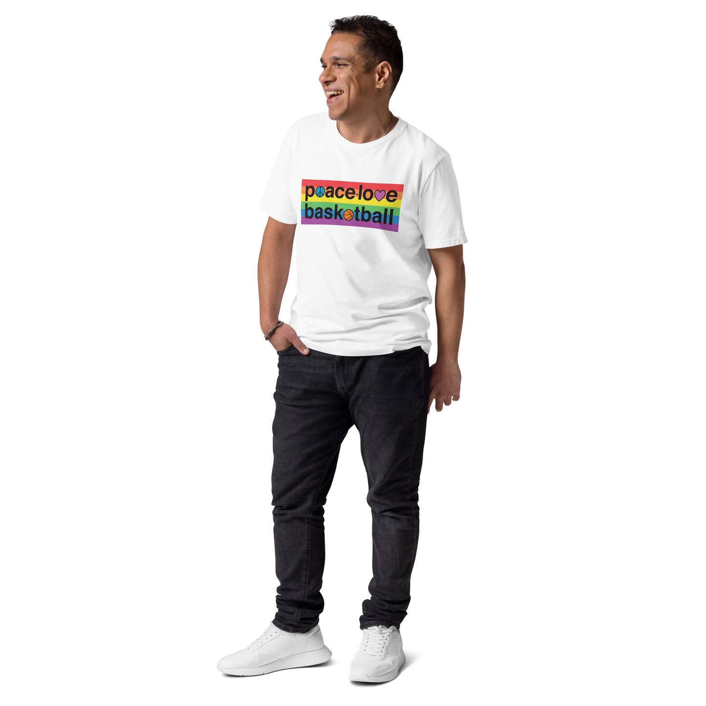PeaceLoveBasketball Pride White Unisex Organic Cotton T-shirt