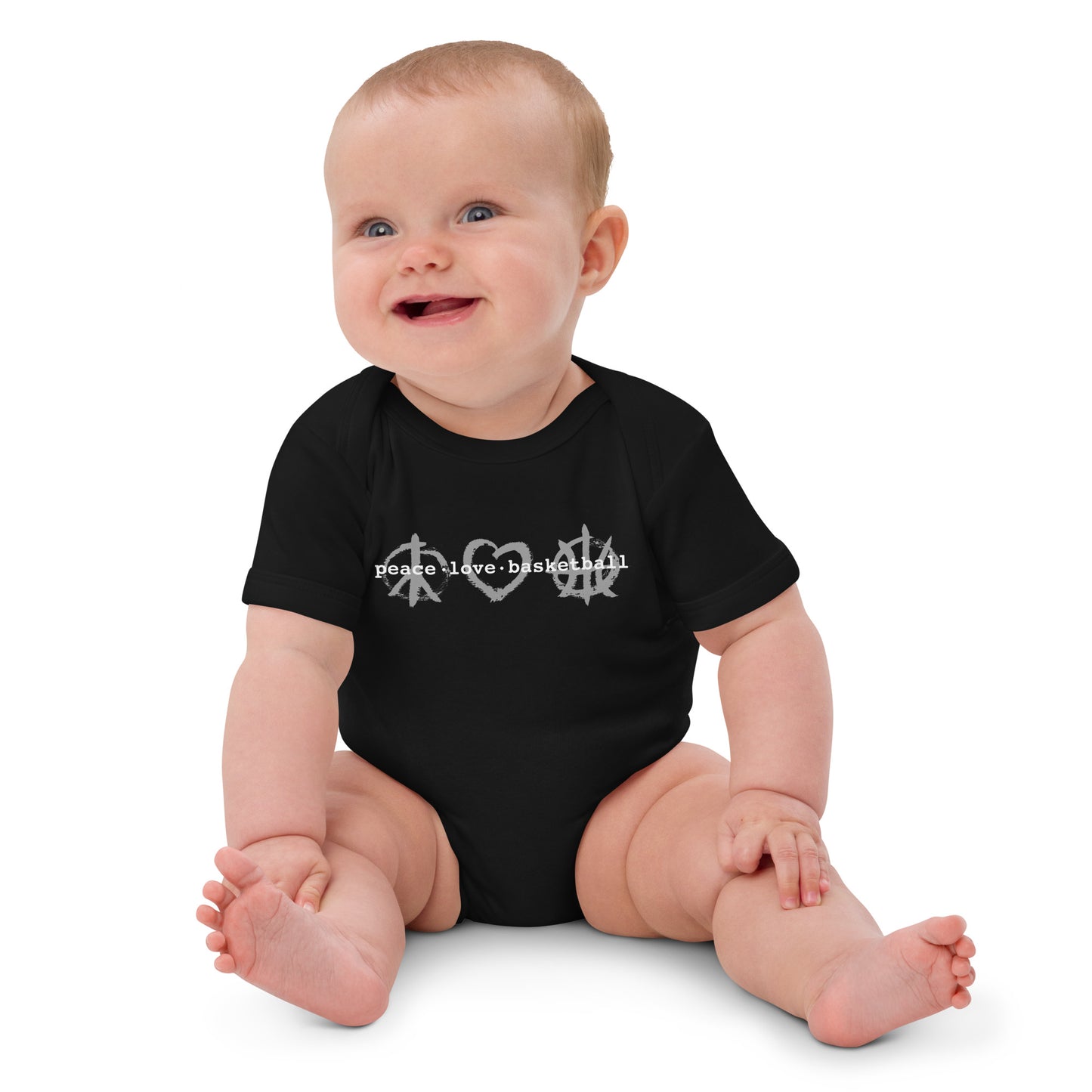 PeaceLoveBasketball Classic Black Organic Cotton Baby Bodysuit