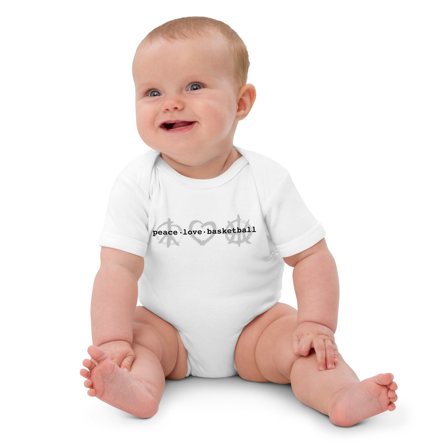 PeaceLoveBasketball Classic White Organic Cotton Baby Bodysuit