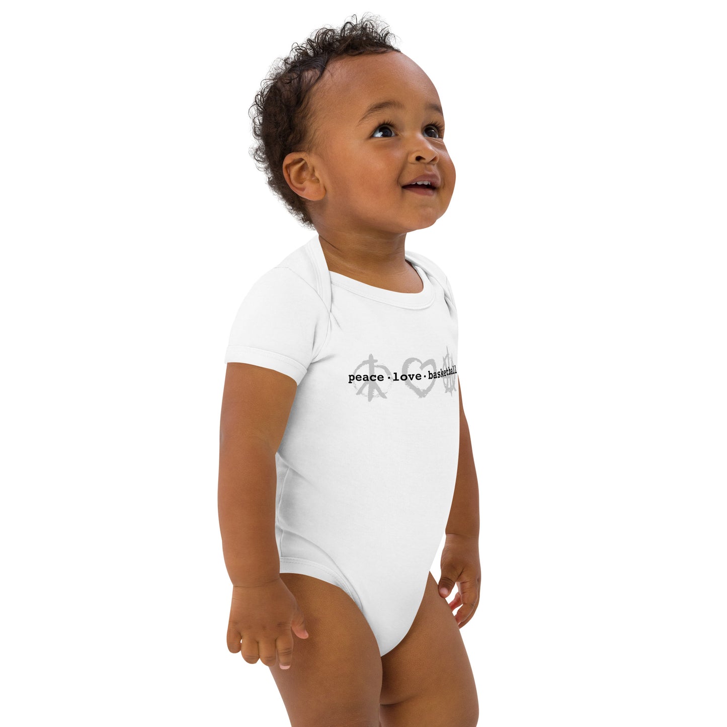 PeaceLoveBasketball Classic White Organic Cotton Baby Bodysuit